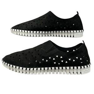 Eric Michael Inez Black Leather Cutouts Slip-On Flats Shoes Size 38